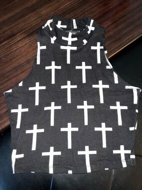 90’s Rock Throwback Black & White Cross Print Mock Neck Crop Top